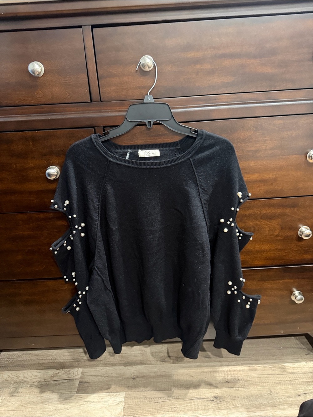 Elan Black Cold-Shoulder Pearl-Embellished Sweater